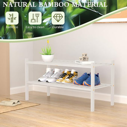 ROMGUAR CRAFT 2 Tier Bamboo Shoe Rack for Closet Free Standing Wood Shoe Shelf for Entryway Small Space Stackable 27"x11"x13" (White)