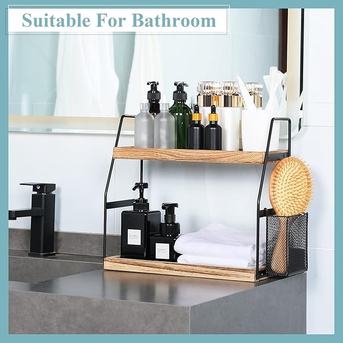 Bathroom Counter Organizer, 2-Tier Standing Storage Shelf with Basket, Wood Tray for Skincare Vanity Organizer