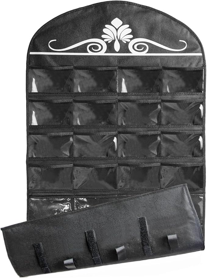 MISSLO Jewelry Hanging Non-Woven Organizer Holder 32 Pockets 18 Hook and Loops - Black