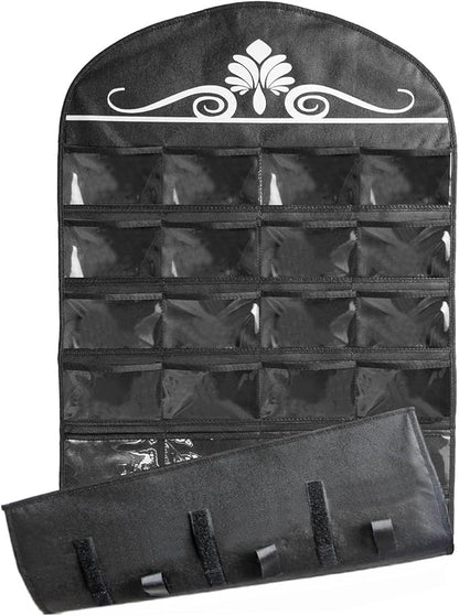 MISSLO Jewelry Hanging Non-Woven Organizer Holder 32 Pockets 18 Hook and Loops - Black