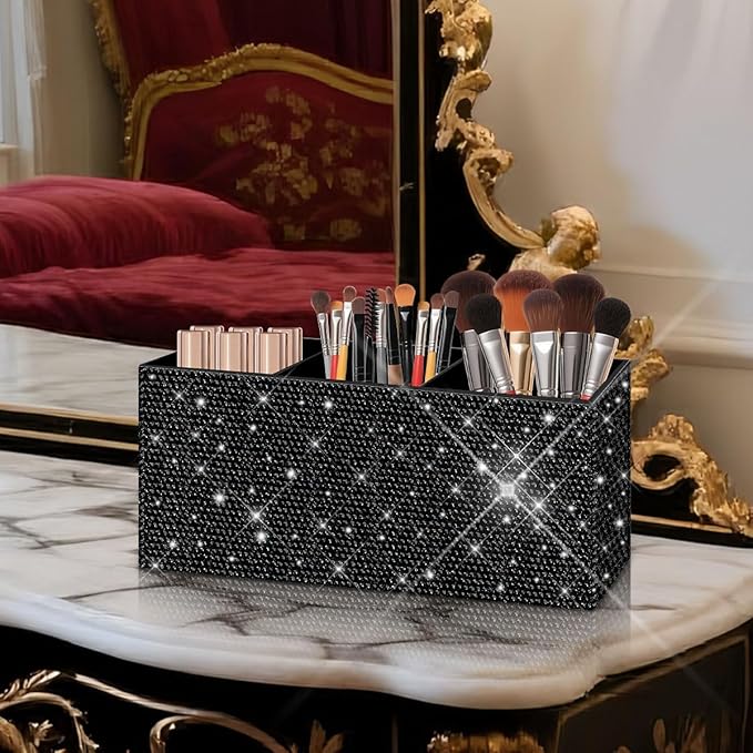 Bling Makeup Brush Holder Organizer, 3 Slot Sparkle Cosmetics Brushes Storage Holders with Shiny Rhinestones, Glitter Cute Pen and Pencil Holder for Desk, Eyeliners Display Case for Vanity（Black）