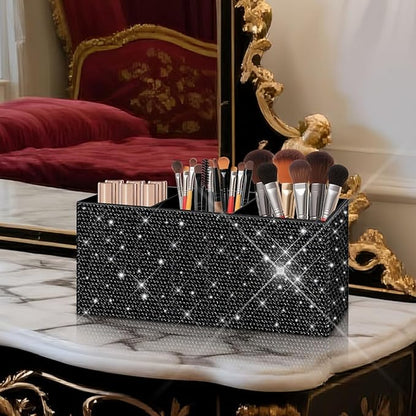 Bling Makeup Brush Holder Organizer, 3 Slot Sparkle Cosmetics Brushes Storage Holders with Shiny Rhinestones, Glitter Cute Pen and Pencil Holder for Desk, Eyeliners Display Case for Vanity（Black）