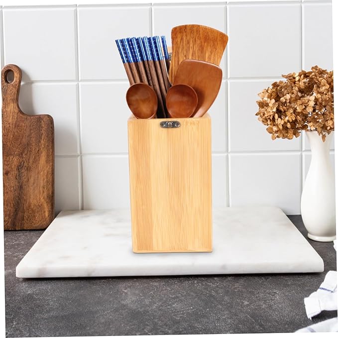 STOBAZA Bamboo Utensil Organizer for Kitchen Drawers Outdoor Camping Cutlery Storage Box Drain Holder Multi-Function Silverware Storage Case for Home and Travel