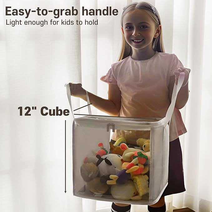 holay 2 Pack Foldable PVC Storage Bins with Transparent Lid & Handles, Large 12-Inch Cube Organizer Boxes for Clothes, Toys & Books (White, Large)