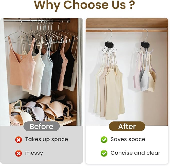 3 Pack Tank Top Hanger, Rotatable Bra Organzier for Closet, Bra Hanger for Closet Organizer, 360° Rotating & Foldable, Metal and Wood, Space-Saving Belt Hangers for Tank Tops, Belt, Tie (Black)