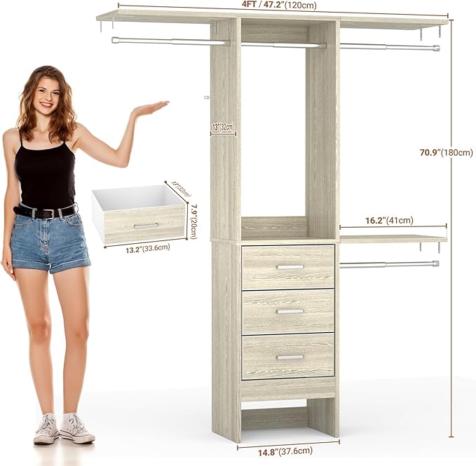 Besiost 4FT Small Closet System with 3 Fabric Drawers, 48'' Closet Organizer System With 3 Adjustable Shelves, Flexible Built-In Clothes Garment Rack for Small Space, 48" L x 13" W x 71" H, Light Oak