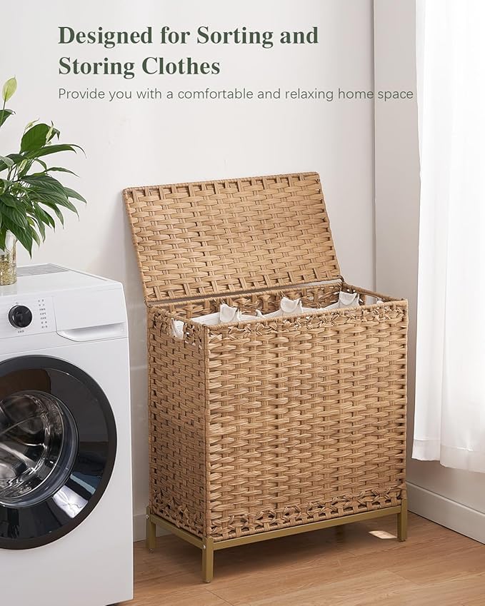 SETVSON Laundry Hamper with Lid 132 L, (35 Gallons) Clothes Hamper with Lid, Handwoven Rattan Laundry Hamper with Metal Heightened Feet, Laundry Hampers with 3 Removable Liner Bags for Laundry-Natural