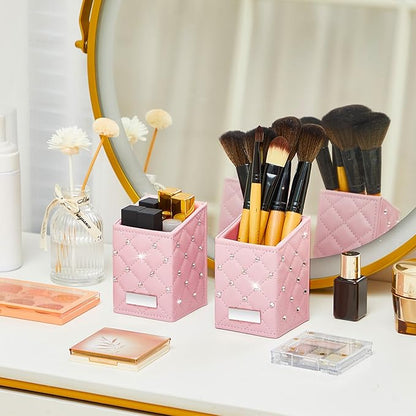 ReliThick 2 Pcs Pink Makeup Brush Holder, Crystal Bling PU Leather Vanity Organizer, Waterproof Glitter Cosmetic Brush Cup for Dresser Countertop Decor Gift for Women