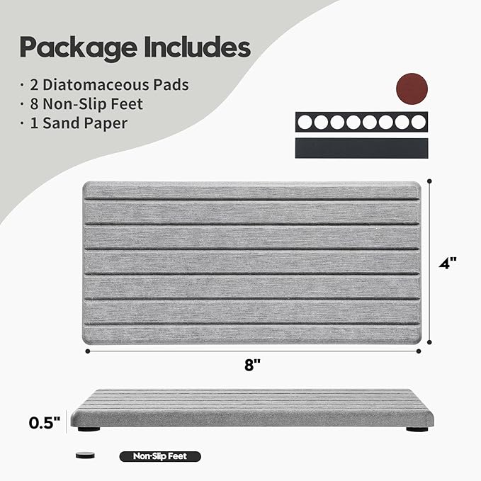 Razborci 2PCS Instant Dry Diatomite Stone Counter Makeup Tray Organizer, Fast Drying Caddy Kitchen Sponge Holder Mat, Bathroom Vanity Toothbrush Bottle Dispenser Soap Dish Rack, Light Gray, 8"x 3.8"