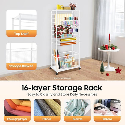 Ribbon Organizer Rack, Double Sided 16-Tier Ribbon Holder Organizer Rack, Flower Wrapping Paper Storage Stand, Scarf Tie Belt Towel Display Shelf Sewing Station Cart (White)
