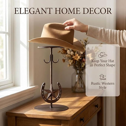 2 Pack Cowboy Hat Rack,Tabletop Standing Cowboy Hat Holder ，Western Horseshoe Decor，Hat Display Stand Can Keeps Original Shape of Hat, for Wide-brimmed Hat，Iron, Bronze
