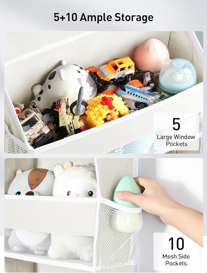 Yecaye 5 Tier Over the Door Organizer, 44lbs Load Toy Stuffed Animal Storage 10 Side Pockets, Bathroom Organizers and Storage for Nursery Newborn Baby Essential Stuff Dorm Room Essentials, Cream White