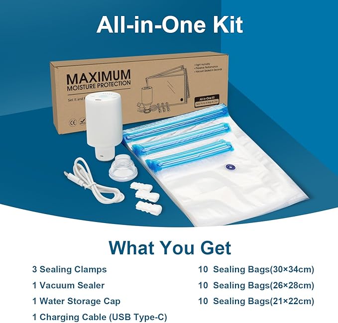 30pcs Vacuum Sealer Kit, Durable/Airtight Food & 3D Printer Filament Storage, with 60KPA Auto Pump & Clips for Cooking/Freezing/Travel/Filament Dry, Compression Storage