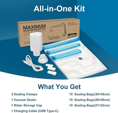 30pcs Vacuum Sealer Kit, Durable/Airtight Food & 3D Printer Filament Storage, with 60KPA Auto Pump & Clips for Cooking/Freezing/Travel/Filament Dry, Compression Storage