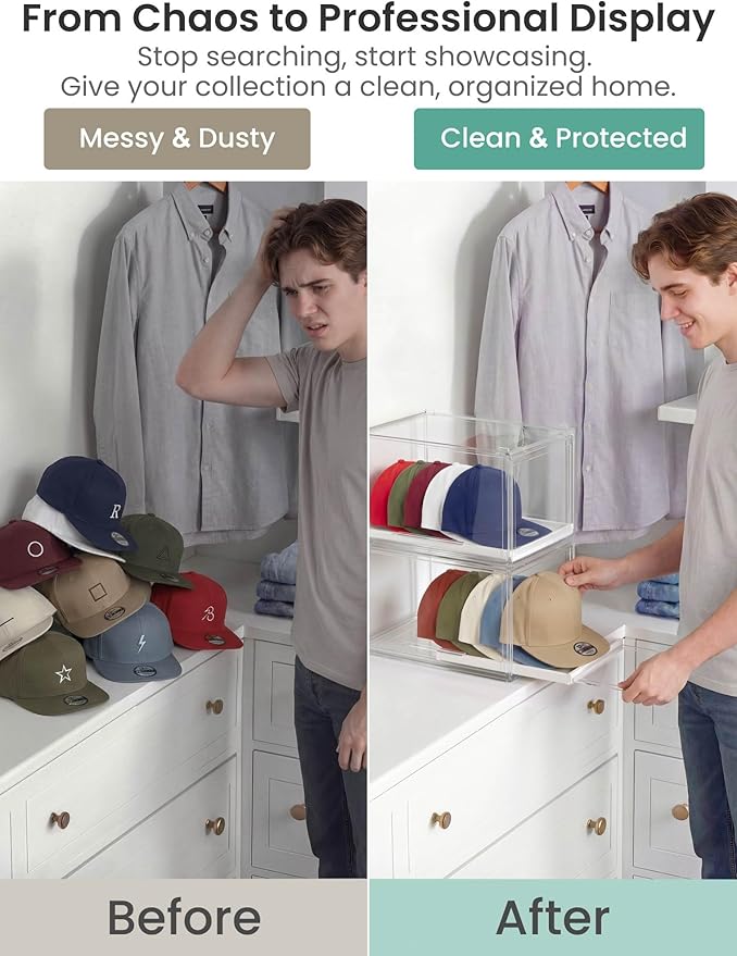 OKPOW Hat Organizer for Baseball Caps: 2 Pack Stackable Clear Display Box with Slide Drawer & Magnetic Door – Holds up to 16 Caps, Dust-Free, Tool-Free Assembly