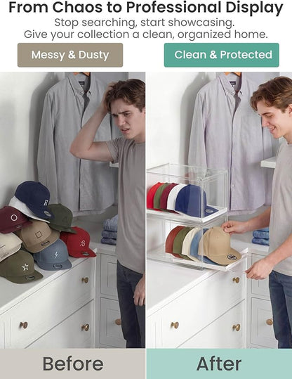 OKPOW Hat Organizer for Baseball Caps: 2 Pack Stackable Clear Display Box with Slide Drawer & Magnetic Door – Holds up to 16 Caps, Dust-Free, Tool-Free Assembly
