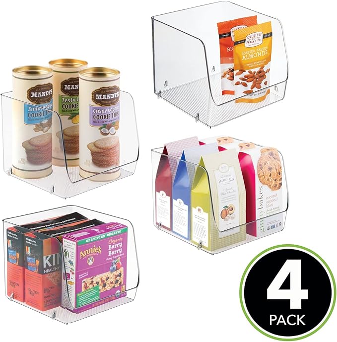 mDesign Modern Stackable Plastic Open Front Dip Storage Organizer Bin Basket for Kitchen Organization - Shelf, Cupboard, Cabinet, and Pantry Organizing Decor - Ligne Collection - 4 Pack - Clear