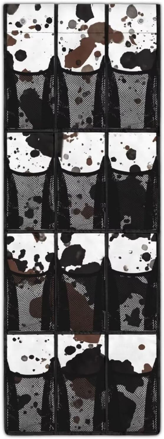 Cowhide Pattern Door Hanger Organizer Mesh Fabric 12 Pockets Over The Door Shoe Organizer for Camping White Wall Hanging Storage for Bathroom