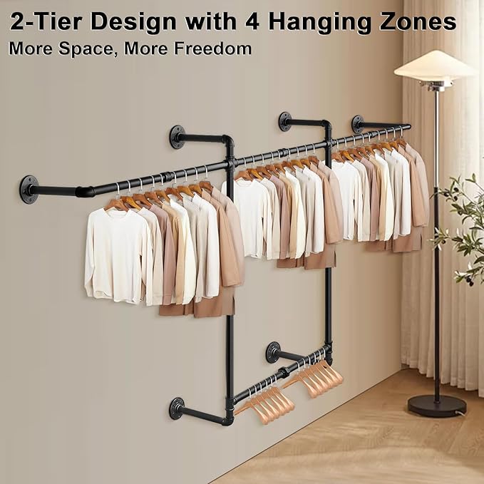 Livabber Industrial Pipe Clothes Rack, Heavy Duty Detachable Iron Garment Rack Wall Mounted, Rustic Saving Space Clothes Bar Multi-Purpose Hanging Rod for Bedroom, Closet, 2 Tier, Black (82 Inch)