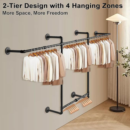 Livabber Industrial Pipe Clothes Rack, Heavy Duty Detachable Iron Garment Rack Wall Mounted, Rustic Saving Space Clothes Bar Multi-Purpose Hanging Rod for Bedroom, Closet, 2 Tier, Black (82 Inch)