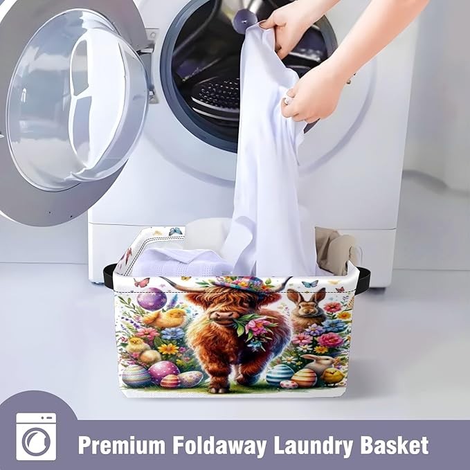 Highland Cow Easter Rabbit Chicken Storage Basket Large Foldable Storage Bin Cube Collapsible Organizer for Pantry Bedroom Decor