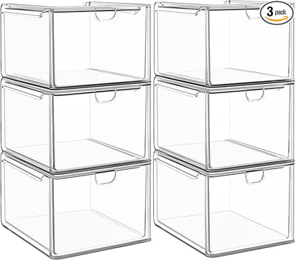 caktraie 6 Pack Small Clear Stackable Acrylic Storage Boxes for Art Tool & Sketch, Stroage Drawers, Makeup Organizer, Plastic Storage Bins For Vanity, Kitchen Cabinets, Pantry, Home Organization
