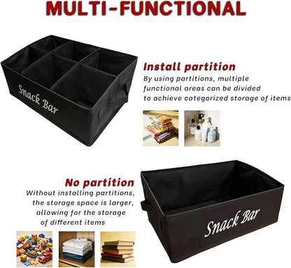 Snack Bar Organizer for Countertop,Black Fabric Snack Basket with Handles,6 Compartment Open Top Snack Bin for Kitchen Counter,Pantry,Snacks & Party Treats