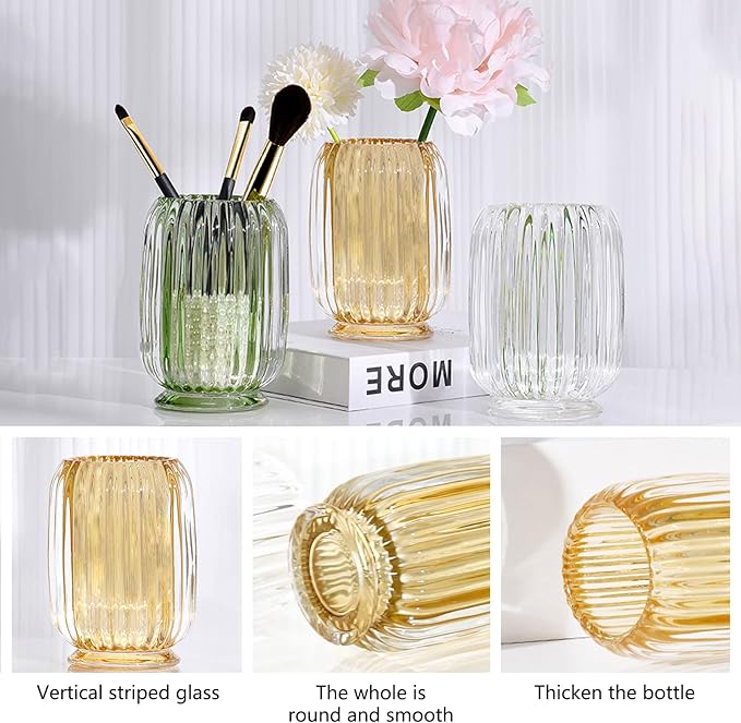 DASITON Makeup Brush holder Organizer,Crystal Cosmetic Makeup Brush Glass Brushes Storage Holder, Vintage Make Up Brush Cup striped vase(Amber)