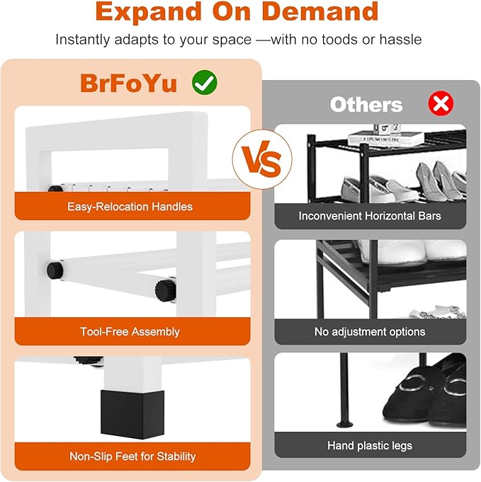 Expandable Shoe Rack for Closet Adjustable Metal Shoe Rack for Entryway 18.5"-33" Free Standing Shoe Organizer 12 Pairs with Hooks 3-Tier Small Shoe Shelf for Bedroom Garage Dorm Floor, White