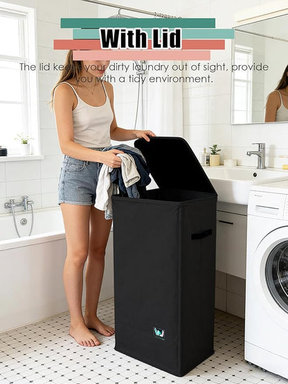 WTREE Laundry Hamper with Lid, Reinforced Sturdy Clothes Hamper with Anti-Puncture Base, Large Collapsible Laundry Basket with Removable Liner Bag, Tall Dirty Clothes Bin for Family, 100L Black