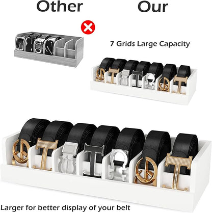 Bamboo Belt Storage Organizer Box - Belt Organizer for Closet | Wooden Belt Tie Hanger Racks for Men Women Drawer | Belt Display Holder Wall Mount with 2 Pcs Tie Clip (White, 2 7GRIDS)