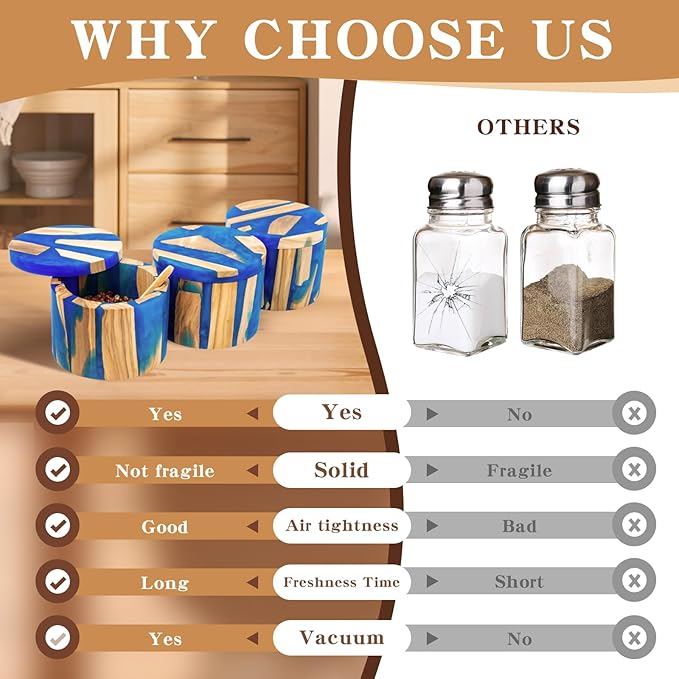 Handcrafted Salt Box Resin Wooden Container Swivel Lid with Magnetic to Easily Open Seal Salt Cellar Free Spoon for Storing Salt Pepper Sugar Herbs Small Spice Box Storage Kitchen Accessory