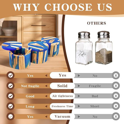 Handcrafted Salt Box Resin Wooden Container Swivel Lid with Magnetic to Easily Open Seal Salt Cellar Free Spoon for Storing Salt Pepper Sugar Herbs Small Spice Box Storage Kitchen Accessory