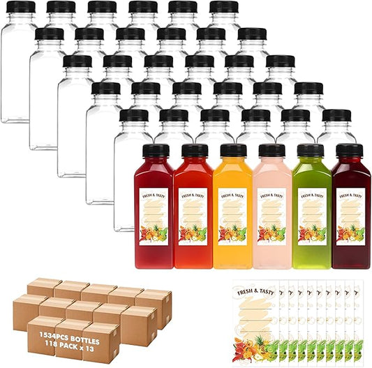 BAKHUK BAKHUK1534pcs 12oz Empty Plastic Juice Bottles with Caps, Plastic Water Bottles with lids, Reusable Clear Bulk Beverage Containers for Juice, Milk and Other Beverages