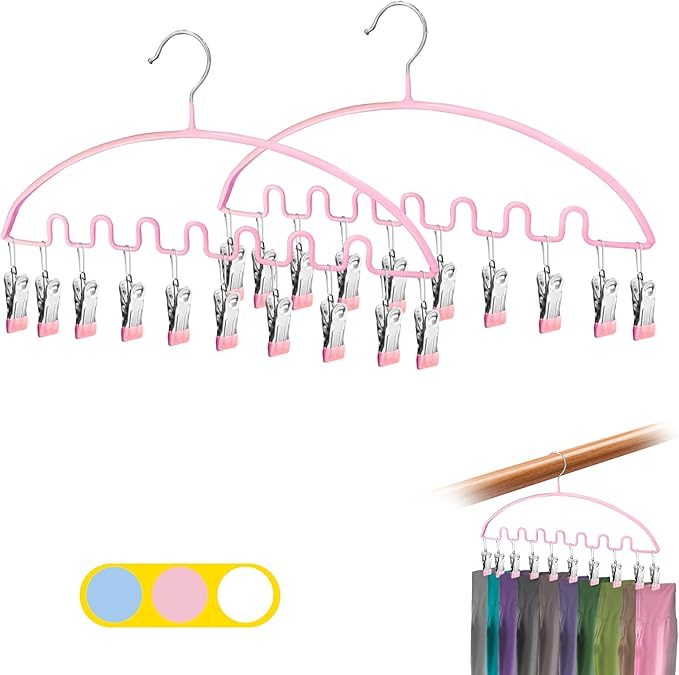 Legging Organizer for Closet,Metal Wave Design Pants Hanger with 10 Clips 7 Hooks, Closet Storage for Pants, Skirts, Hats (Pink, 2Pack)
