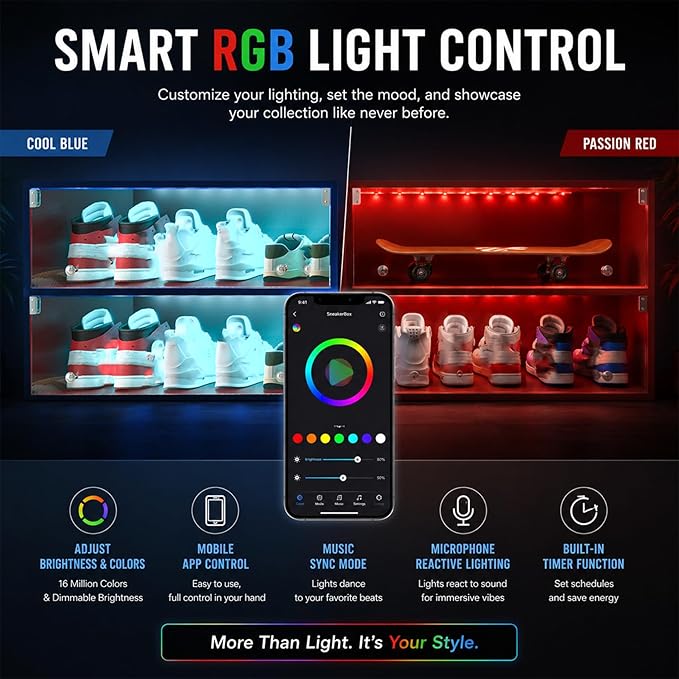 Sneaker Display Case with Lights featuring LED Intelligent Control Shoe Storage Box, Stackable LED Shoe Box Wood Shoe Display Case for Luxury Sneaker Storage (Red 2-layer)
