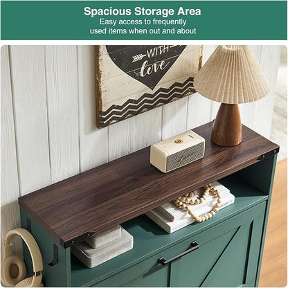 Barnyatoh Shoe Storage Cabinet,Farmhouse Shoe Organizer with 2 Flip Drawers & Barn Door Design,Freestanding Hidden Slim Narrow Shoe Rack Cabinet with Open Storage for Entryway, Foyer,Hallway,Green