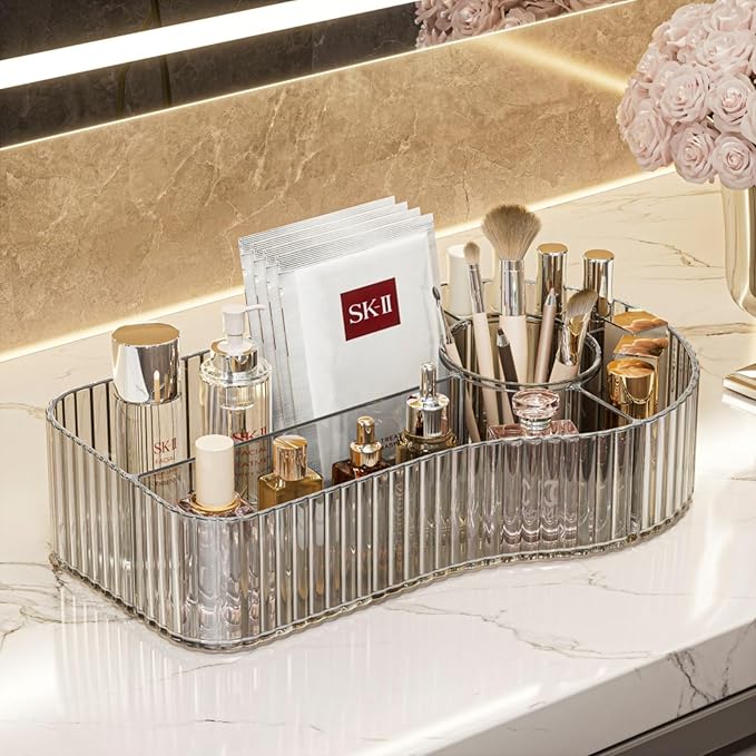 Makeup Organizer Countertop for Vanity Acrylic Skincare Storage and Make up Organization for Desk,Cosmetic Display Case and Makeup Brush Holder for Bathroom,5 Compartments（1PC,Grey）