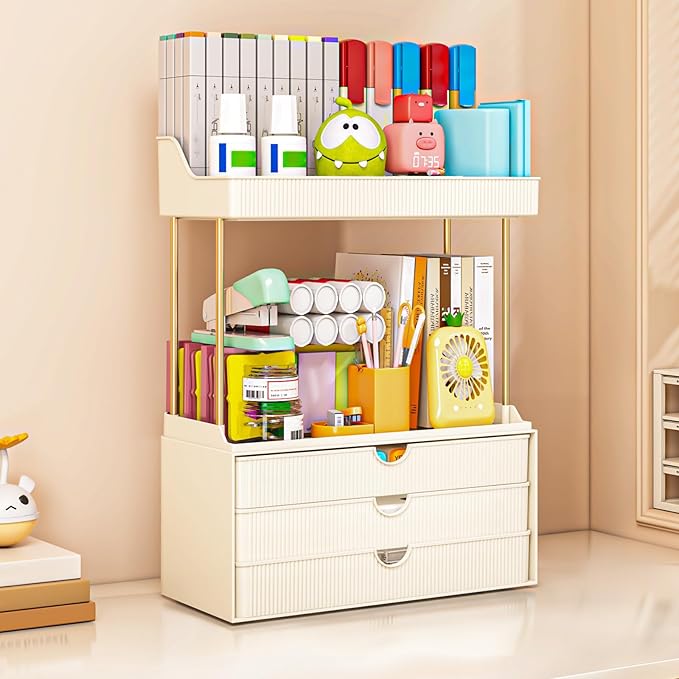 caktraie Bathroom Organizers and Storage - 3 Drawers 2 Tier Makeup Organizer, Cosmetic Storage Drawer for Dresser Countertop and Bathroom Vanity for Large Skincare, Perfume, Cream White
