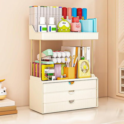 caktraie Bathroom Organizers and Storage - 3 Drawers 2 Tier Makeup Organizer, Cosmetic Storage Drawer for Dresser Countertop and Bathroom Vanity for Large Skincare, Perfume, Cream White