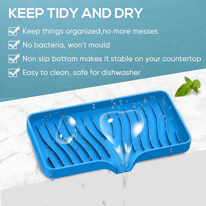 Kitchen Soap Tray, Self Draining Soap Holder Silicone Dish Sponge Holder, Bathroom Sink Organizer Sink Caddy for Sponge, Soap Dispenser, Palm Brush, Dish Scrubber