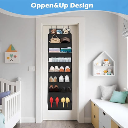 Over The Door Shoe Organizer Storage -8-Tier Shoe Rack for Boots/Sneakers/Closet, Heavy Duty Anti-Slip Hooks & Large Deep Pockets,Space Saving Hanging Shoe Organizers (Black)