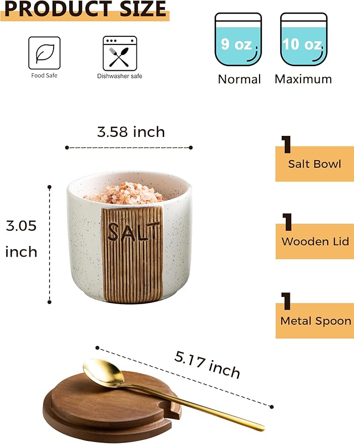 Salt Container for Countertop, Ceramic Salt Cellar with Lid and Spoons, 10 OZ Salt Bowl Holder for Mother's Day, White