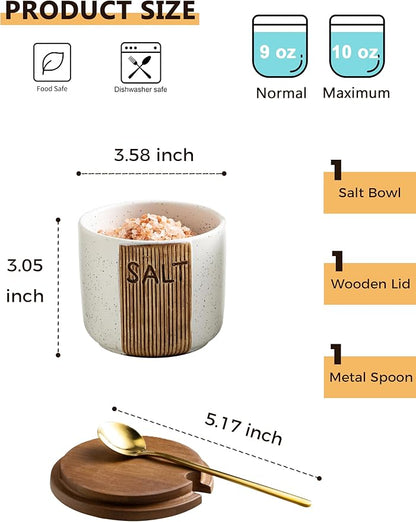 Salt Container for Countertop, Ceramic Salt Cellar with Lid and Spoons, 10 OZ Salt Bowl Holder for Mother's Day, White
