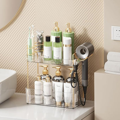 Bathroom Counter Organizer for Vanity, Makeup Organizer Countertop with Holder, Large Capacity Storage Rack, Perfect Large Skincare, Hair Care, Perfume, Easy to Install (Clear, 2Tiers)