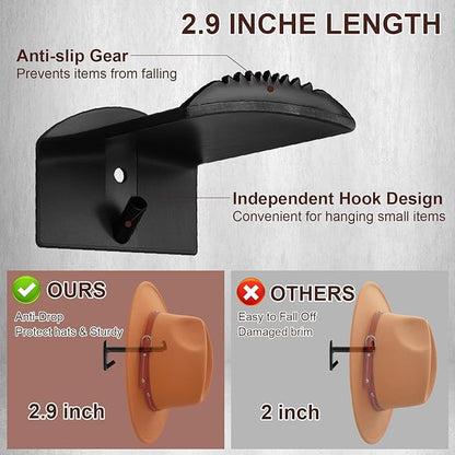 Dntorx 2.9 Inch Hat Hooks for Wall, 8 Pack Cowboy Hat Holder Wide Brimmed Hat Rack Organizer Strong Adhesive Cowboy Hat Hangers Storage Wall Mount for Cowboy, Sun Hats, Baseball Caps (Black)
