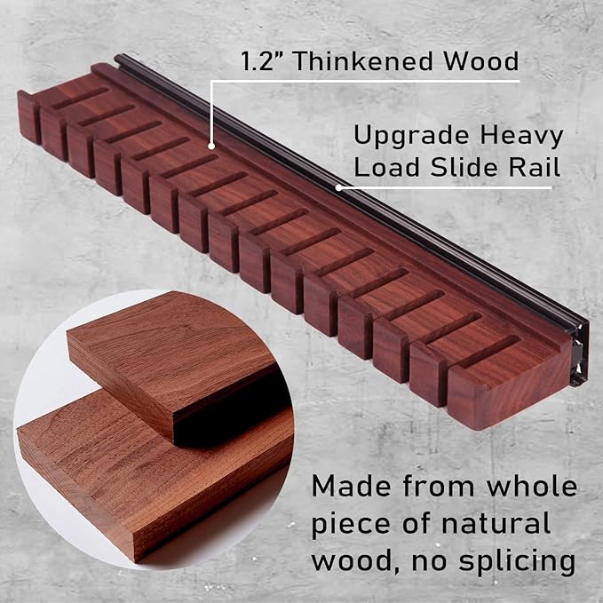 14 Belts Walnut Wood Belt Holder with Slide, Left or Right Slide Flexible Install Belt-Rack, Belt Hanger for Closet, Space Saving Belts Storage Organizer, Gift for Men