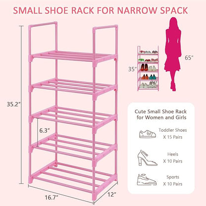 LNYZQUS 5-Tier Small Kids Shoe Rack Organizer, Pink Toddler Shoe Shelf Shoe Stand for Closet Narrow Space,Mini Shoe Storage Rack Short Shoe Tower for Women & Girls(Full Pink)