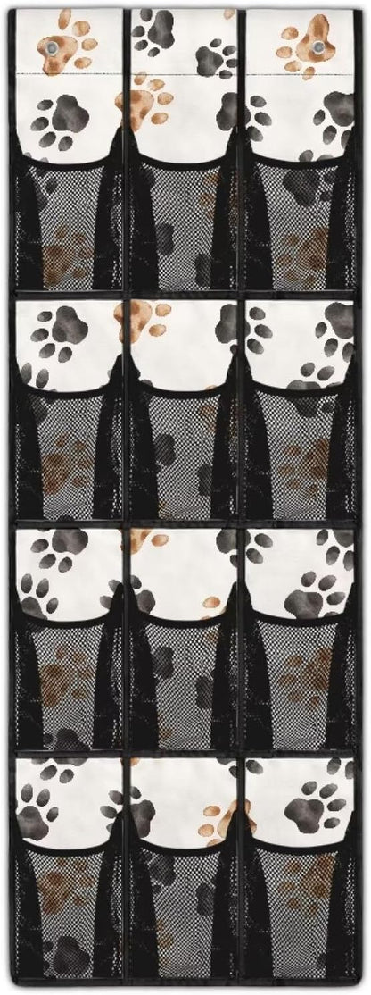 Dog Paw Print Over the Door Shoe Organizer 12 Large Mesh Pockets Foldable Shoe Rack for Door Hanger Storage Holder for Dorm Bedroom