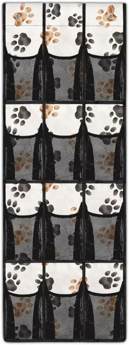 Dog Paw Print Over the Door Shoe Organizer 12 Large Mesh Pockets Foldable Shoe Rack for Door Hanger Storage Holder for Dorm Bedroom